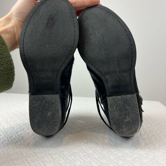 Matiko Boots Womens 6.5 Slip On Buckle Strap Ankle Bootie Black Fur Calf Heels - Picture 12 of 15
